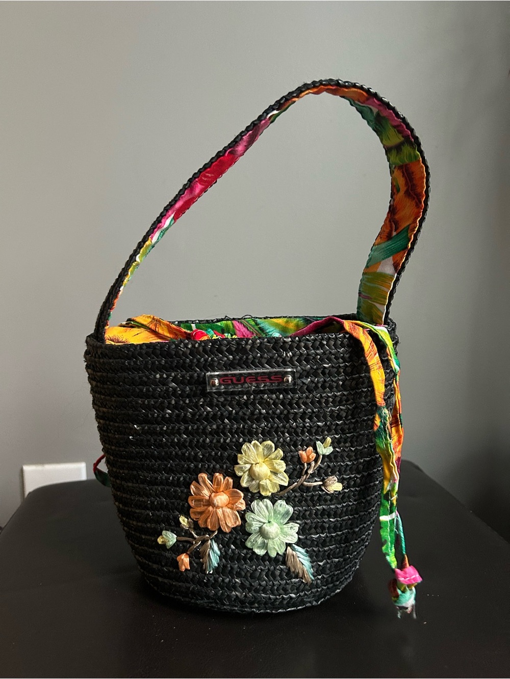 GUESS Black Woven Floral Appliqué Mini Bucket Bag with Multicolor Lining